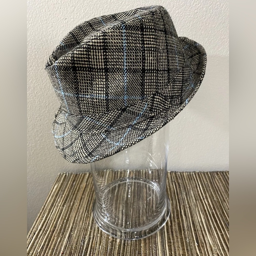 VINTAGE WESTEND PLAID FEDORA HAT SZ S/M BLACK IVORY BLUE COTTON BLEND